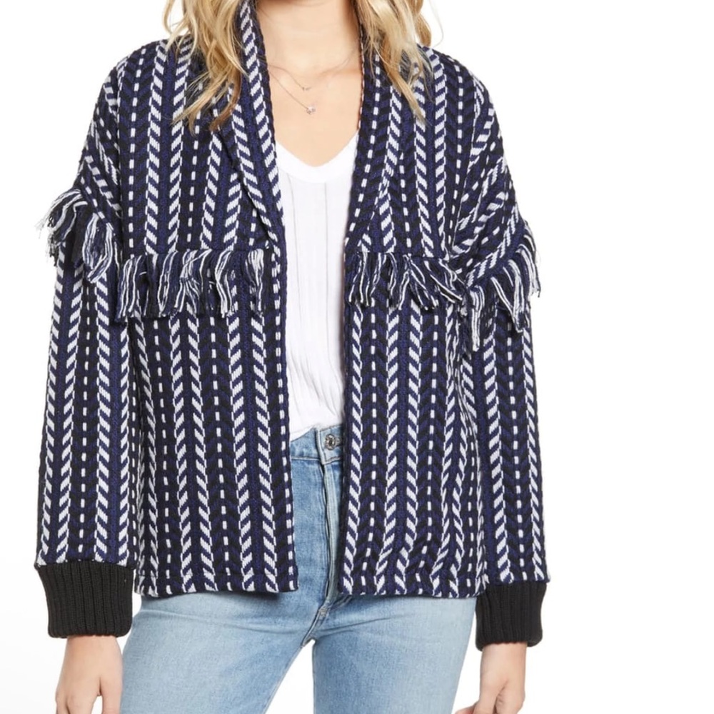 cupcakes & cashmere Navy and White Fringe Open-Front Cardigan
